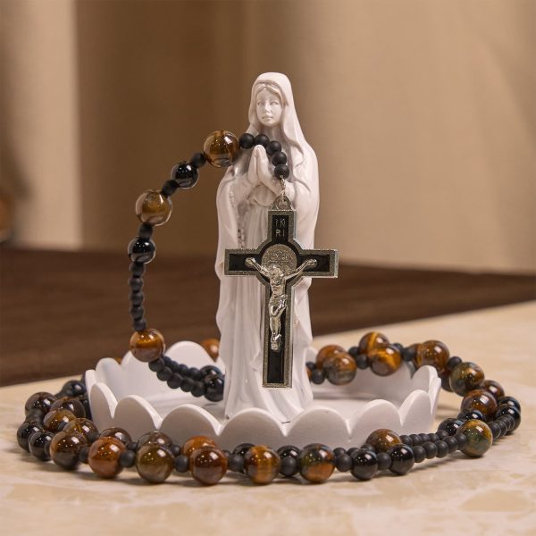 Christianartworkshop 10mm Tiger's Eye Stone Beads Rosary with Black Enamel Crucifix: Embrace Earthy Sacredness