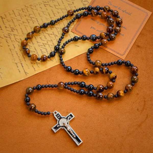 10mm Tiger's Eye Stone Beads Rosary with Black Enamel Crucifix: Embrace Earthy Sacredness