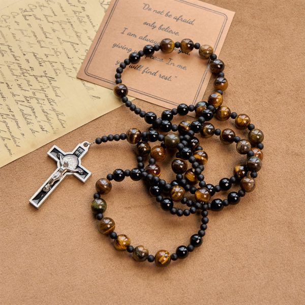 Christianartworkshop 10mm Tiger's Eye Stone Beads Rosary with Black Enamel Crucifix: Embrace Earthy Sacredness