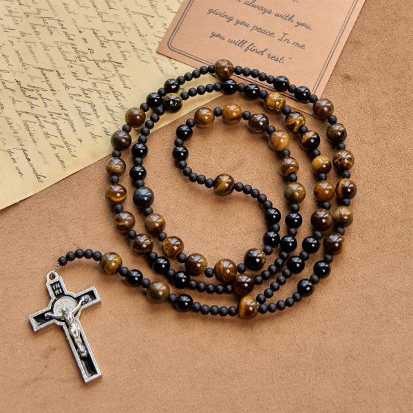 Christianartworkshop 10mm Tiger's Eye Stone Beads Rosary with Black Enamel Crucifix: Embrace Earthy Sacredness