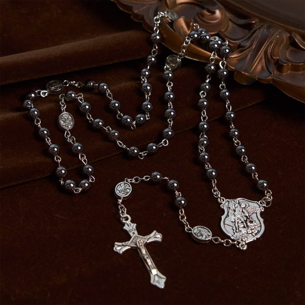 Sacred Shiny Black Beads Rosary with St. Michael the Archangel Pendant & Crucifix