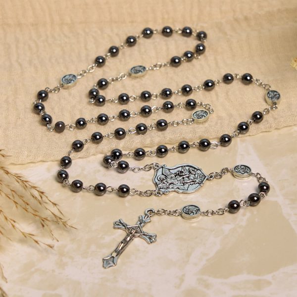 Sacred Shiny Black Beads Rosary with St. Michael the Archangel Pendant & Crucifix