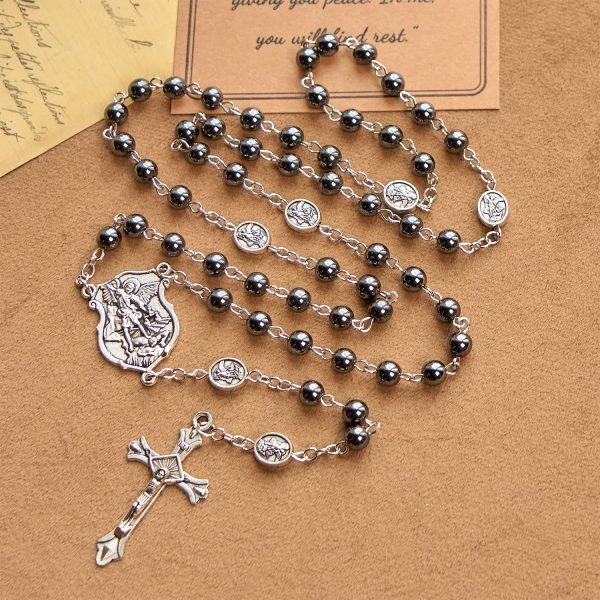 Sacred Shiny Black Beads Rosary with St. Michael the Archangel Pendant & Crucifix