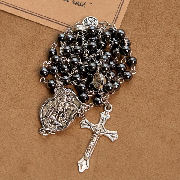 Sacred Shiny Black Beads Rosary with St. Michael the Archangel Pendant & Crucifix