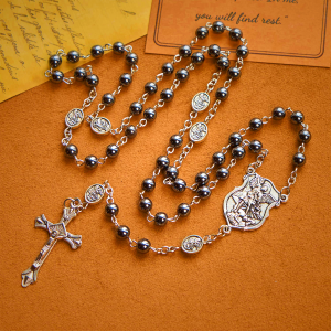 Sacred Shiny Black Beads Rosary with St. Michael the Archangel Pendant & Crucifix