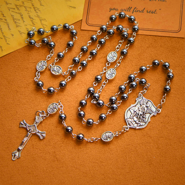 Sacred Shiny Black Beads Rosary with St. Michael the Archangel Pendant & Crucifix