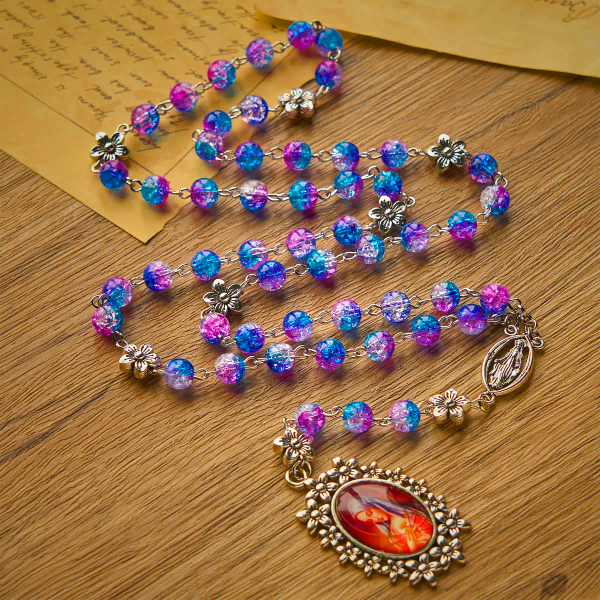 Seven Sorrow of 8 mm Round Blue-Purple Gradient Rosary with Floral - Carved Our Lady of Sorrows Pendant