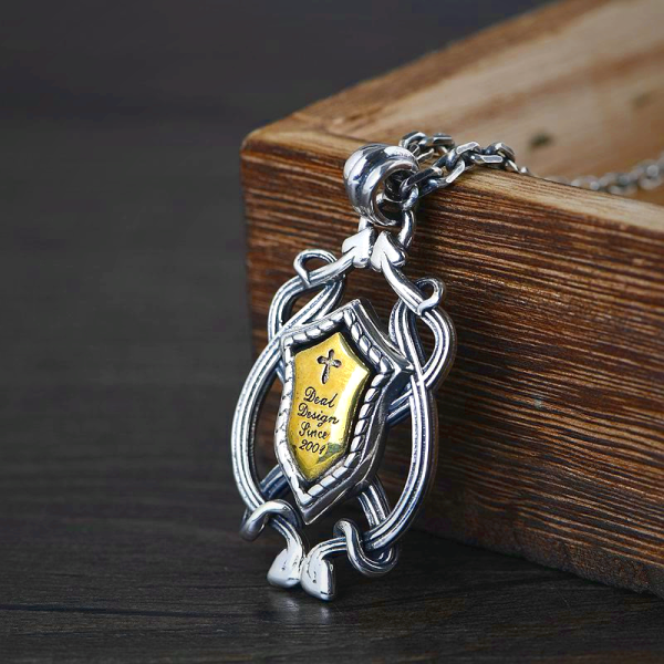 925 Sterling Silver Armor Cross Pendant with Golden Core Sacred Crest Necklace: Shield of Grace