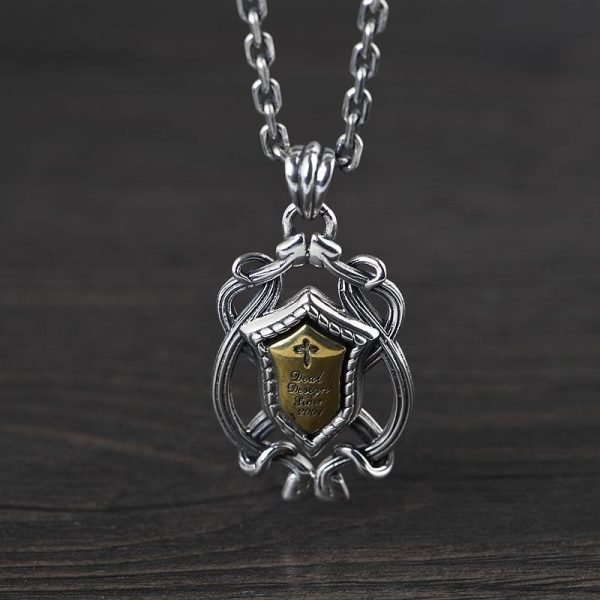 925 Sterling Silver Armor Cross Pendant with Golden Core Sacred Crest Necklace: Shield of Grace