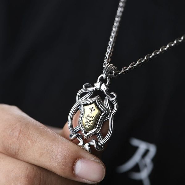 925 Sterling Silver Armor Cross Pendant with Golden Core Sacred Crest Necklace: Shield of Grace