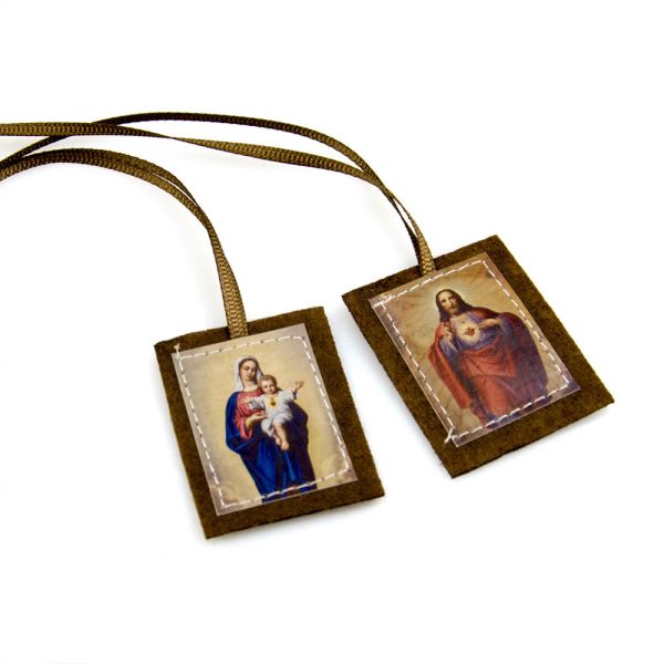 Blessed Brown Wool Scapular of Sacred Heart of Jesus and Virgin Mary