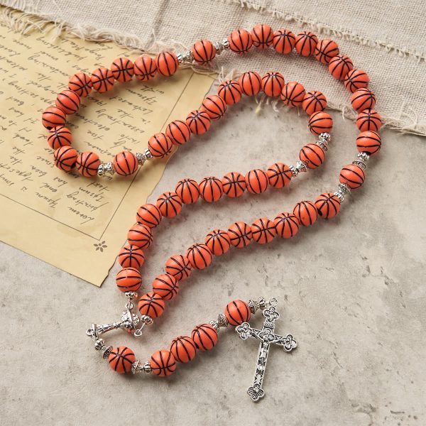 PRAYERFUL FAITH: Sports Prayer Basketball Beads Rosary with Silver Holy Chalice & Crucifix