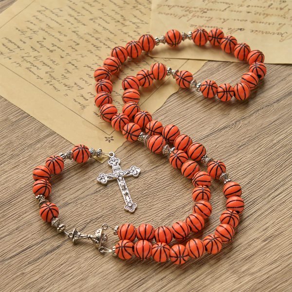 PRAYERFUL FAITH: Sports Prayer Basketball Beads Rosary with Silver Holy Chalice & Crucifix
