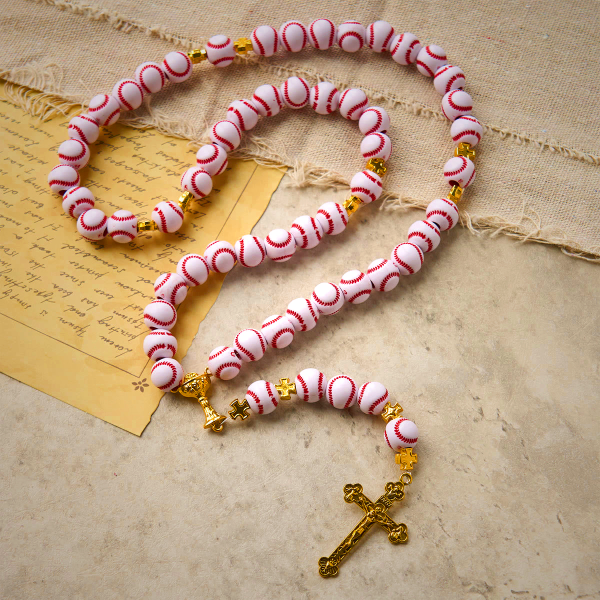 Blessed Miniature Baseball Beads Rosary with Golden Holy Chalice & Crucifix: Merge Faith and Sport