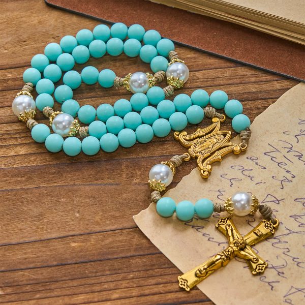 PRAYERFUL FAITH: Handmade Mint Green Beads & Pearl with Miraculous Medal