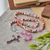 8mm Round Flower Beads Rosary with Miraculous Medal & Red Enamel Crucifix