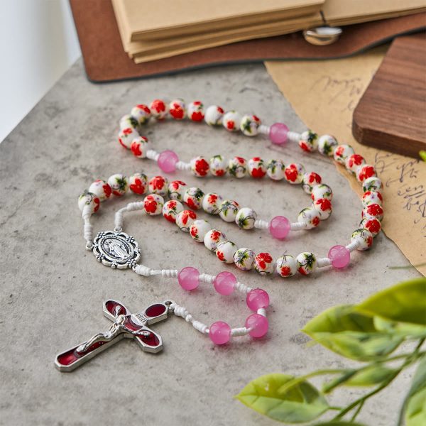 8mm Round Flower Beads Rosary with Miraculous Medal & Red Enamel Crucifix