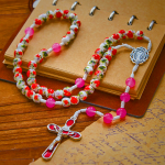 8mm Round Flower Beads Rosary with Miraculous Medal & Red Enamel Crucifix