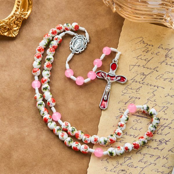 8mm Round Flower Beads Rosary with Miraculous Medal & Red Enamel Crucifix