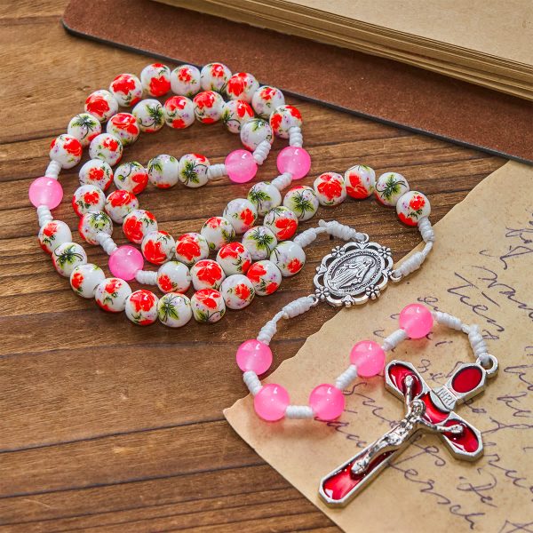 8mm Round Flower Beads Rosary with Miraculous Medal & Red Enamel Crucifix