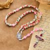 8mm Round Flower Beads Rosary with Miraculous Medal & Red Enamel Crucifix
