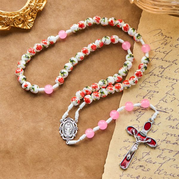 8mm Round Flower Beads Rosary with Miraculous Medal & Red Enamel Crucifix