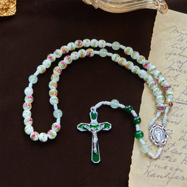 Handmade Floral Rose Beads Rosary with Miraculous Medal & Green Enamel Crucifix