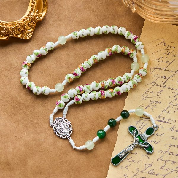 Handmade Floral Rose Beads Rosary with Miraculous Medal & Green Enamel Crucifix