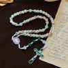 Handmade Floral Rose Beads Rosary with Miraculous Medal & Green Enamel Crucifix
