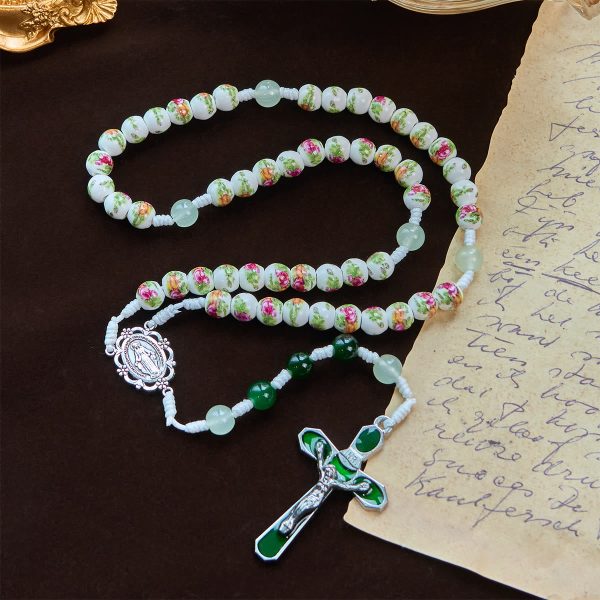 Handmade Floral Rose Beads Rosary with Miraculous Medal & Green Enamel Crucifix