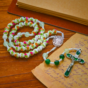 Handmade Floral Rose Beads Rosary with Miraculous Medal & Green Enamel Crucifix