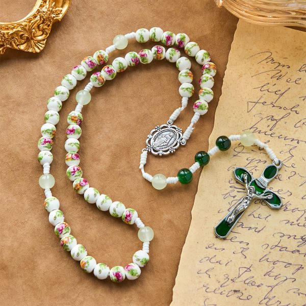 Handmade Floral Rose Beads Rosary with Miraculous Medal & Green Enamel Crucifix