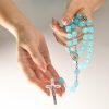 Rose Alloy Chain Blue Cube Beads Rosary with Our Lady Icon & Crucifix