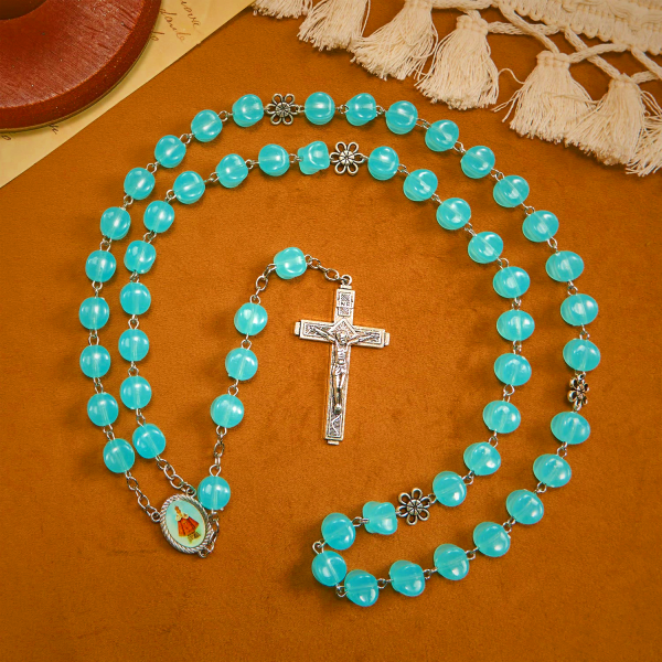 Rose Alloy Chain Blue Cube Beads Rosary with Our Lady Icon & Crucifix