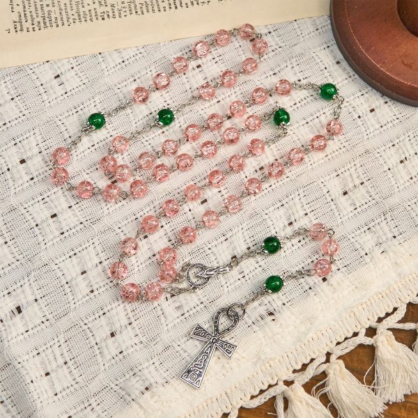 Inclusive Clear Sparkling Pink Glass Beads Alloy Chain Rosary with Our Lady & Ankh Cross