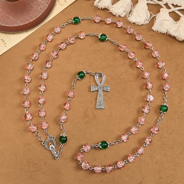 Inclusive Clear Sparkling Pink Glass Beads Alloy Chain Rosary with Our Lady & Ankh Cross