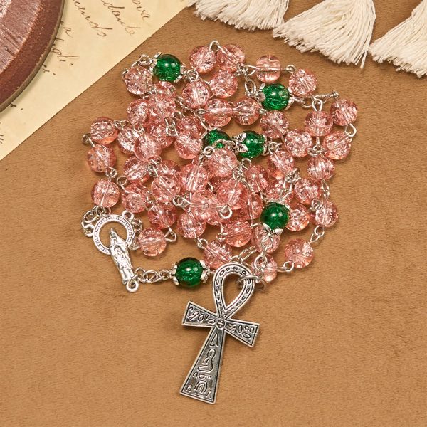 Inclusive Clear Sparkling Pink Glass Beads Alloy Chain Rosary with Our Lady & Ankh Cross