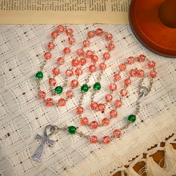 Inclusive Clear Sparkling Pink Glass Beads Alloy Chain Rosary with Our Lady & Ankh Cross
