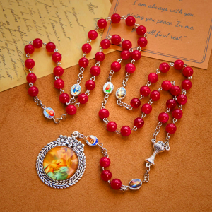Elegant Burgundy 8mm Round Beads Rosary with Flower Carved Our Lady Medal & Holy Grail