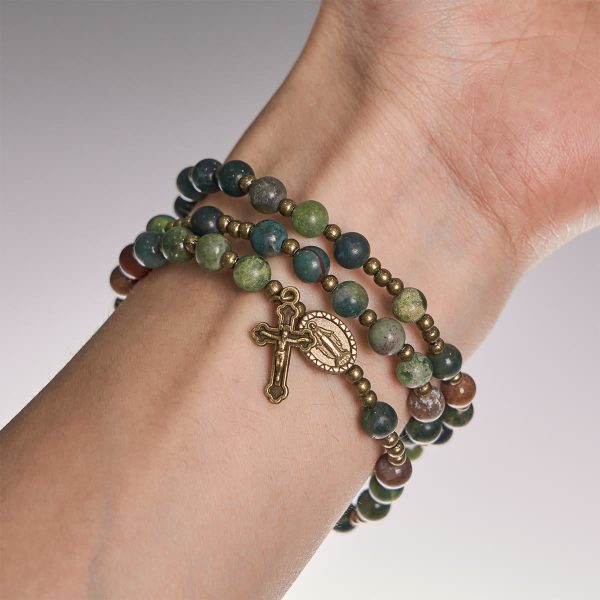 Christianartworkshop Earth-Toned Multicolor Round Beads with Bronze Miraculous Medal & Crucifix Rosary and Bracelet