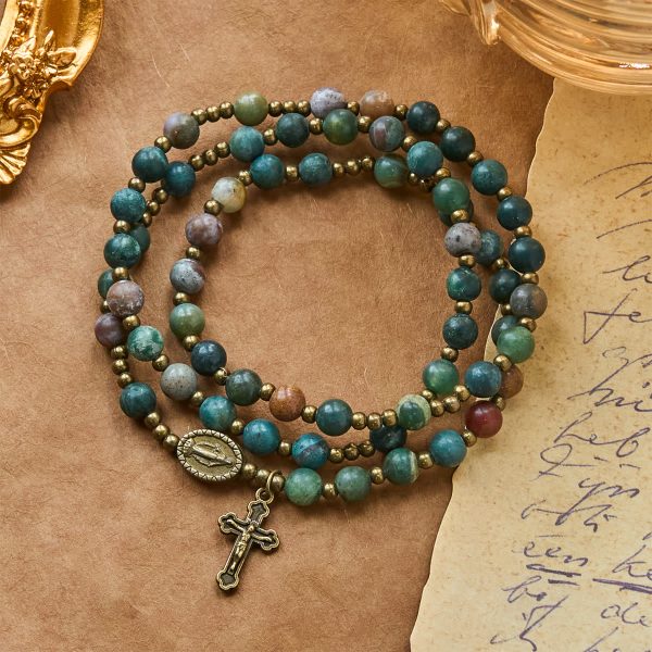 Christianartworkshop Earth-Toned Multicolor Round Beads with Bronze Miraculous Medal & Crucifix Rosary and Bracelet