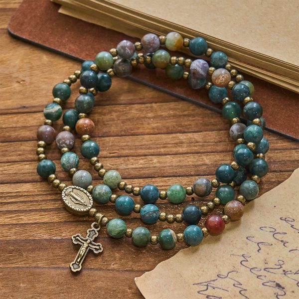 Christianartworkshop Earth-Toned Multicolor Round Beads with Bronze Miraculous Medal & Crucifix Rosary and Bracelet