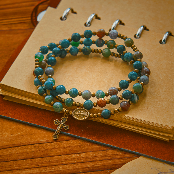 Earth-Toned Multicolor Round Beads with Bronze Miraculous Medal & Crucifix Rosary and Bracelet