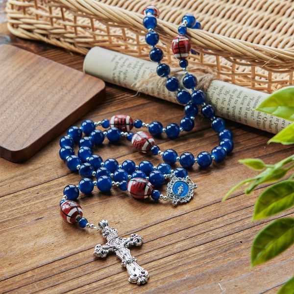 Christianartworkshop Sports Prayer Football Dark Blue Beads Rosary with Miraculous Medal & Crucifix: Unite Faith and Sport