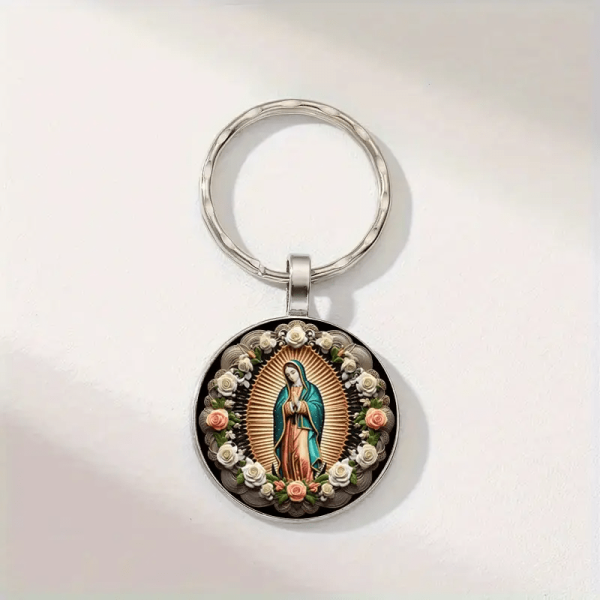 Elegant Virgin Mary Pendant Keychain: Medal of Faith and Floral Beauty