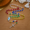 Holy Virgin Mary Pendant and Crucifix of 6mm Transparent Multicolor Rainbow Beads Rosary