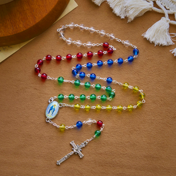 Holy Virgin Mary Pendant and Crucifix of 6mm Transparent Multicolor Rainbow Beads Rosary