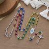 Holy Virgin Mary Pendant and Crucifix of 6mm Transparent Multicolor Rainbow Beads Rosary