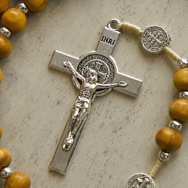 St. Benedict Pendant & INRI Crucifix of 8mm Brown Wooden Beads Hemp Cord Rosary