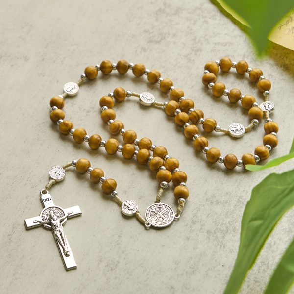 St. Benedict Pendant & INRI Crucifix of 8mm Brown Wooden Beads Hemp Cord Rosary